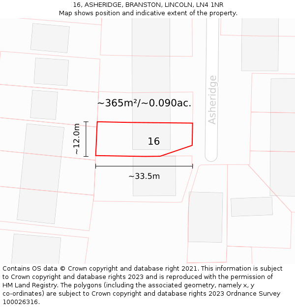 16, ASHERIDGE, BRANSTON, LINCOLN, LN4 1NR: Plot and title map