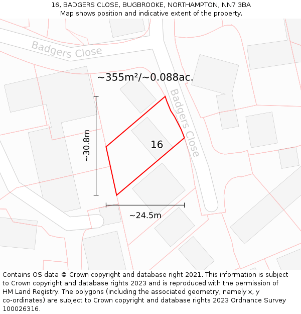 16, BADGERS CLOSE, BUGBROOKE, NORTHAMPTON, NN7 3BA: Plot and title map