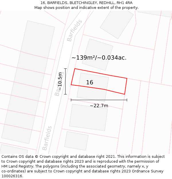 16, BARFIELDS, BLETCHINGLEY, REDHILL, RH1 4RA: Plot and title map
