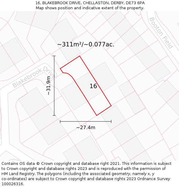 16, BLAKEBROOK DRIVE, CHELLASTON, DERBY, DE73 6PA: Plot and title map