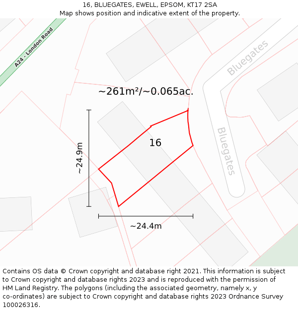 16, BLUEGATES, EWELL, EPSOM, KT17 2SA: Plot and title map