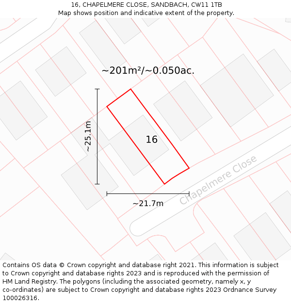 16, CHAPELMERE CLOSE, SANDBACH, CW11 1TB: Plot and title map