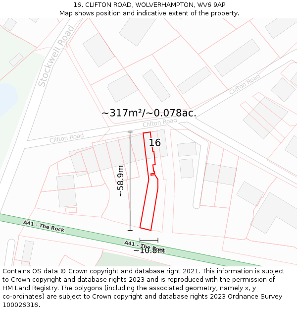 16, CLIFTON ROAD, WOLVERHAMPTON, WV6 9AP: Plot and title map