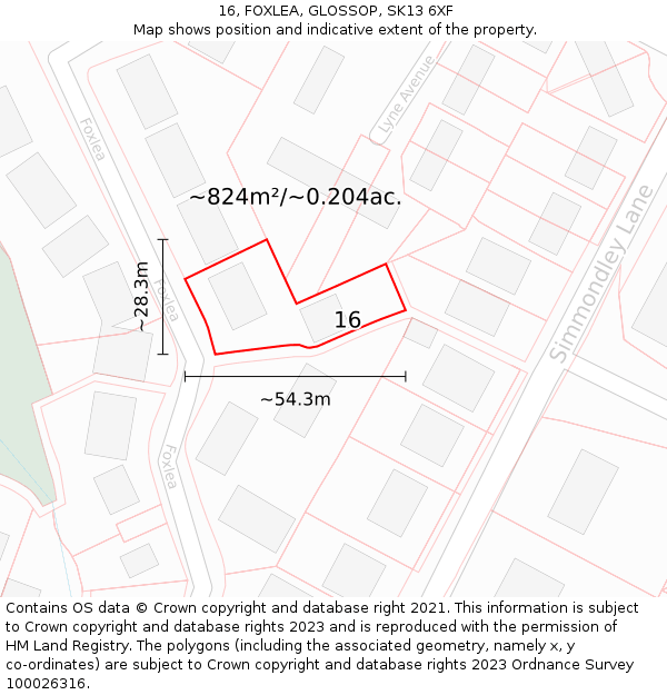 16, FOXLEA, GLOSSOP, SK13 6XF: Plot and title map