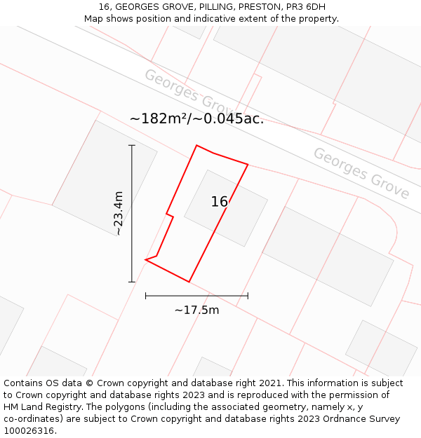 16, GEORGES GROVE, PILLING, PRESTON, PR3 6DH: Plot and title map