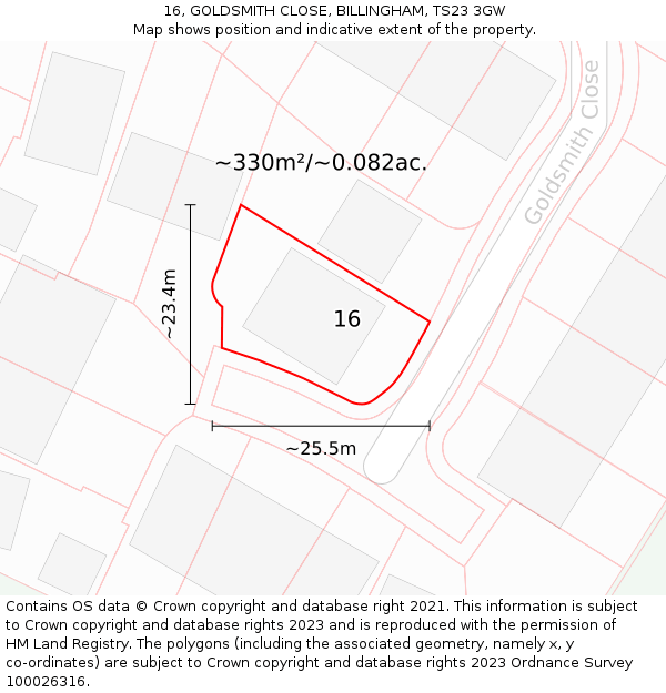 16, GOLDSMITH CLOSE, BILLINGHAM, TS23 3GW: Plot and title map