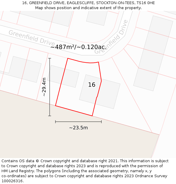 16, GREENFIELD DRIVE, EAGLESCLIFFE, STOCKTON-ON-TEES, TS16 0HE: Plot and title map