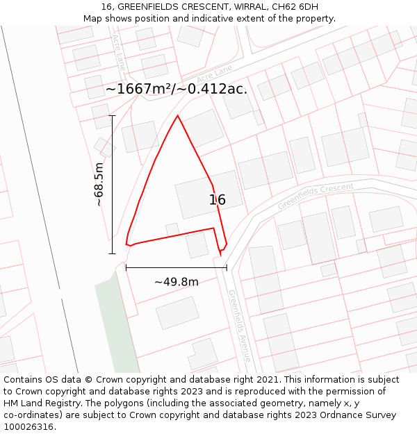 16, GREENFIELDS CRESCENT, WIRRAL, CH62 6DH: Plot and title map