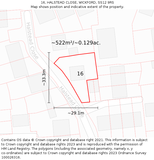 16, HALSTEAD CLOSE, WICKFORD, SS12 9RS: Plot and title map