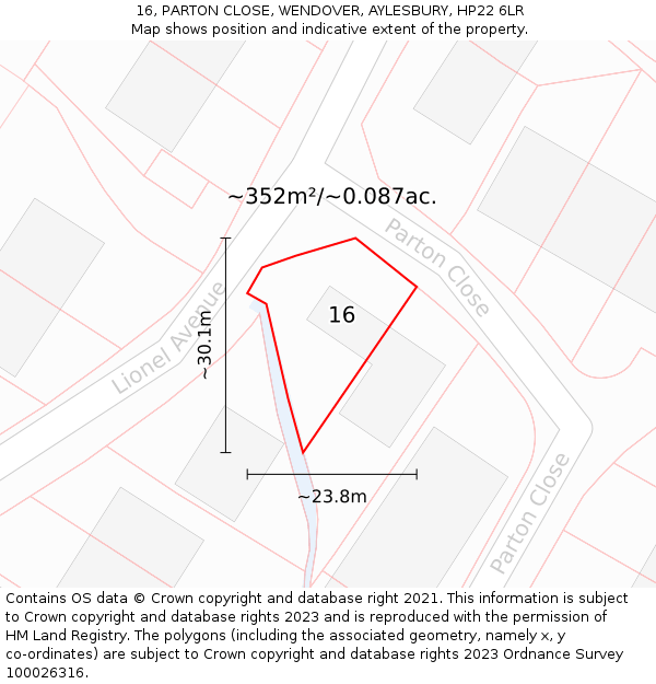 16, PARTON CLOSE, WENDOVER, AYLESBURY, HP22 6LR: Plot and title map