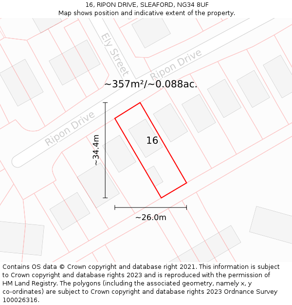 16, RIPON DRIVE, SLEAFORD, NG34 8UF: Plot and title map
