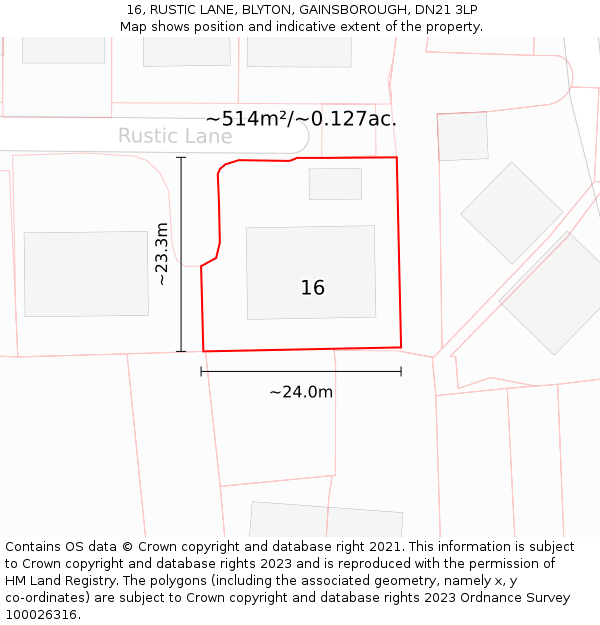 16, RUSTIC LANE, BLYTON, GAINSBOROUGH, DN21 3LP: Plot and title map