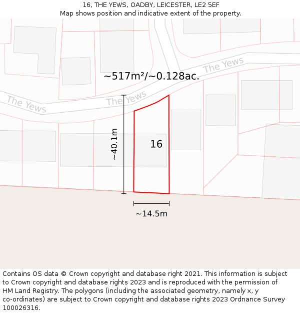 16, THE YEWS, OADBY, LEICESTER, LE2 5EF: Plot and title map