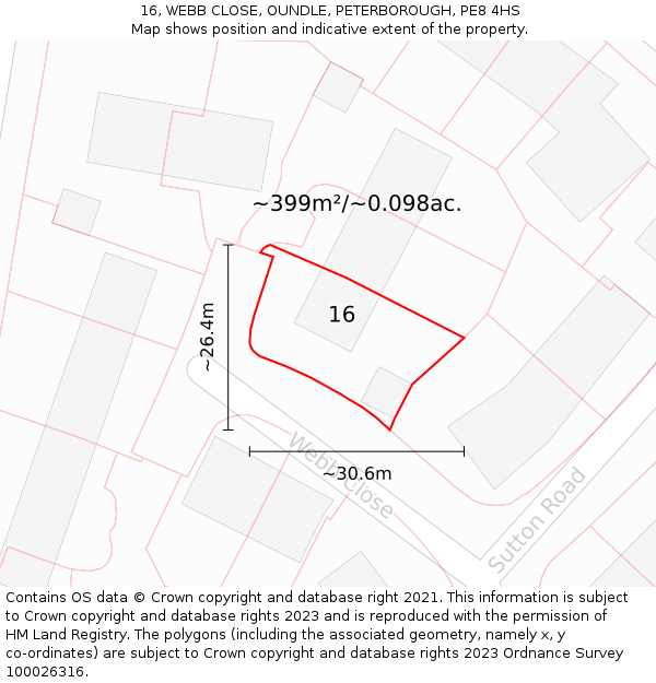 16, WEBB CLOSE, OUNDLE, PETERBOROUGH, PE8 4HS: Plot and title map