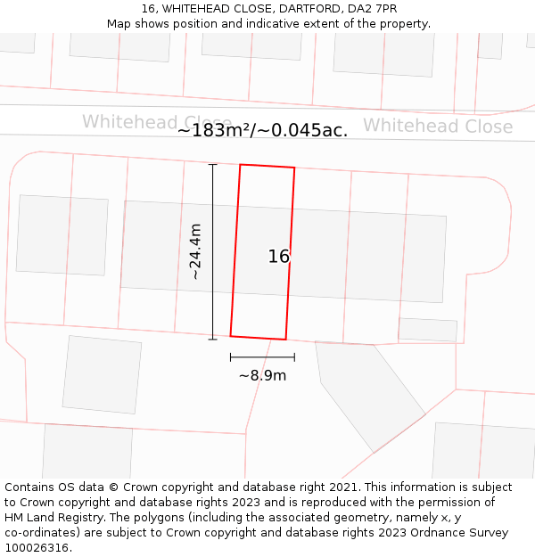 16, WHITEHEAD CLOSE, DARTFORD, DA2 7PR: Plot and title map