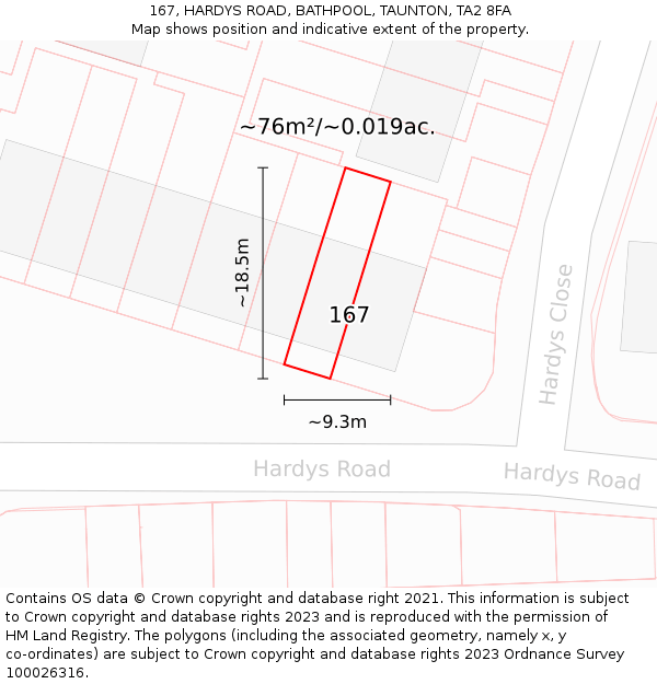 167, HARDYS ROAD, BATHPOOL, TAUNTON, TA2 8FA: Plot and title map