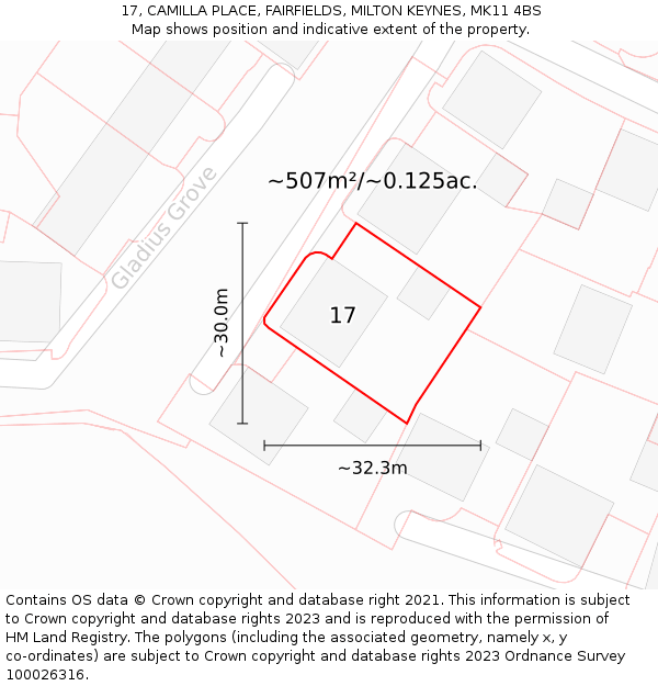 17, CAMILLA PLACE, FAIRFIELDS, MILTON KEYNES, MK11 4BS: Plot and title map