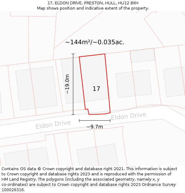 17, ELDON DRIVE, PRESTON, HULL, HU12 8XH: Plot and title map