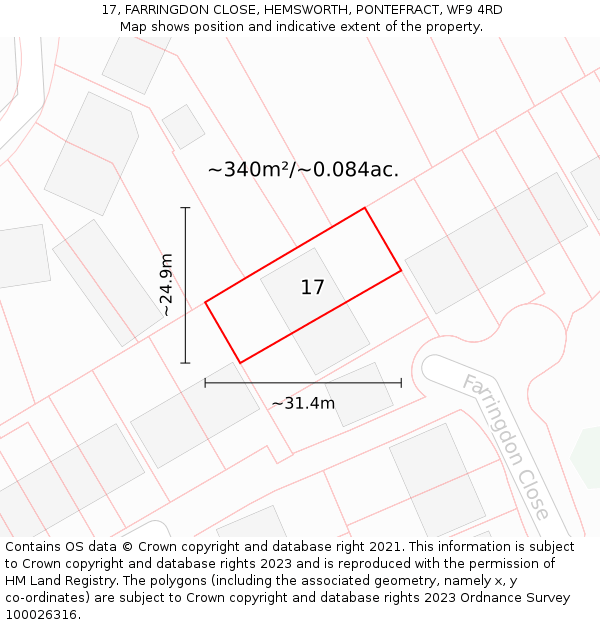 17, FARRINGDON CLOSE, HEMSWORTH, PONTEFRACT, WF9 4RD: Plot and title map