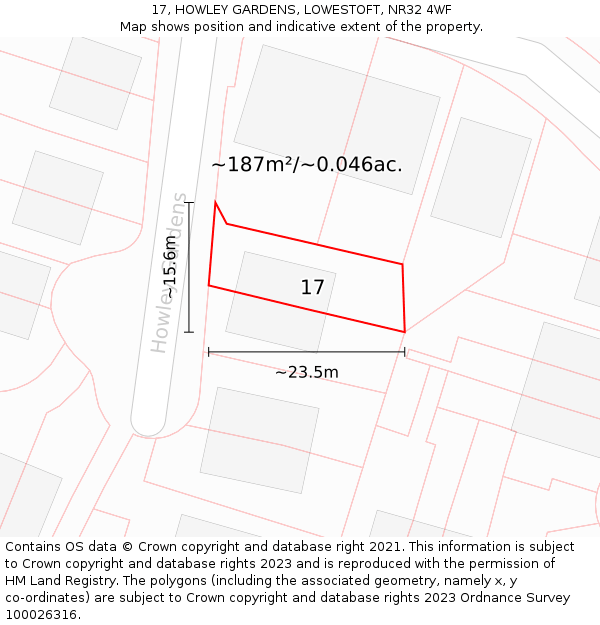 17, HOWLEY GARDENS, LOWESTOFT, NR32 4WF: Plot and title map