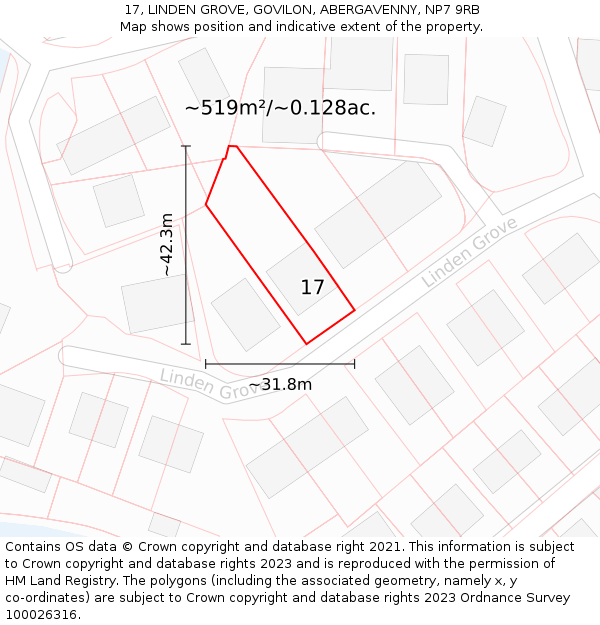 17, LINDEN GROVE, GOVILON, ABERGAVENNY, NP7 9RB: Plot and title map