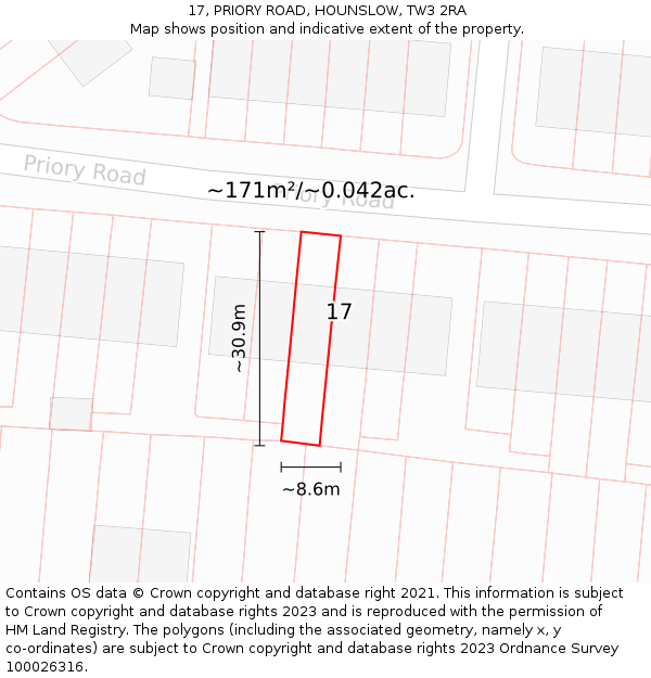 17, PRIORY ROAD, HOUNSLOW, TW3 2RA: Plot and title map