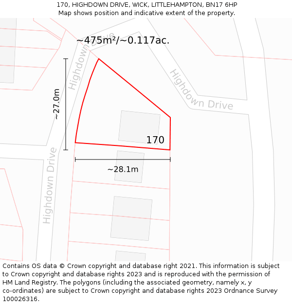 170, HIGHDOWN DRIVE, WICK, LITTLEHAMPTON, BN17 6HP: Plot and title map