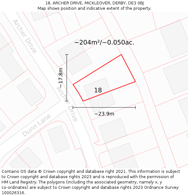 18, ARCHER DRIVE, MICKLEOVER, DERBY, DE3 0BJ: Plot and title map