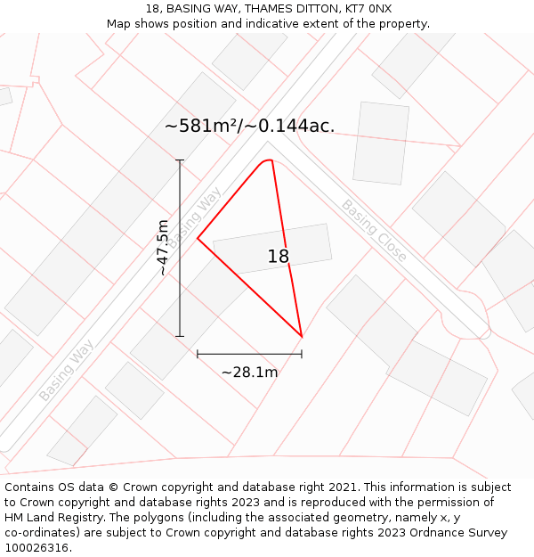 18, BASING WAY, THAMES DITTON, KT7 0NX: Plot and title map