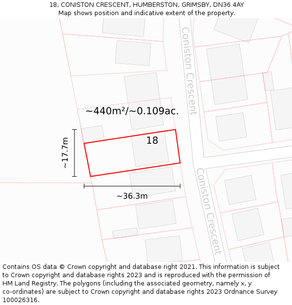 18, CONISTON CRESCENT, HUMBERSTON, GRIMSBY, DN36 4AY: Plot and title map
