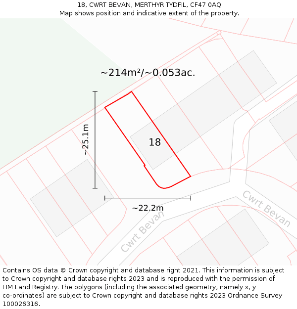 18, CWRT BEVAN, MERTHYR TYDFIL, CF47 0AQ: Plot and title map