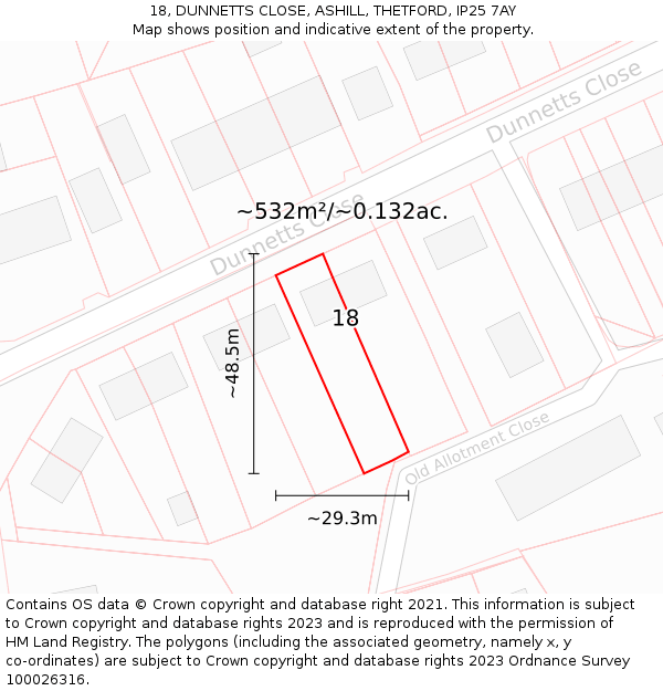 18, DUNNETTS CLOSE, ASHILL, THETFORD, IP25 7AY: Plot and title map