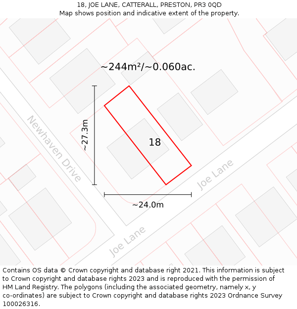18, JOE LANE, CATTERALL, PRESTON, PR3 0QD: Plot and title map