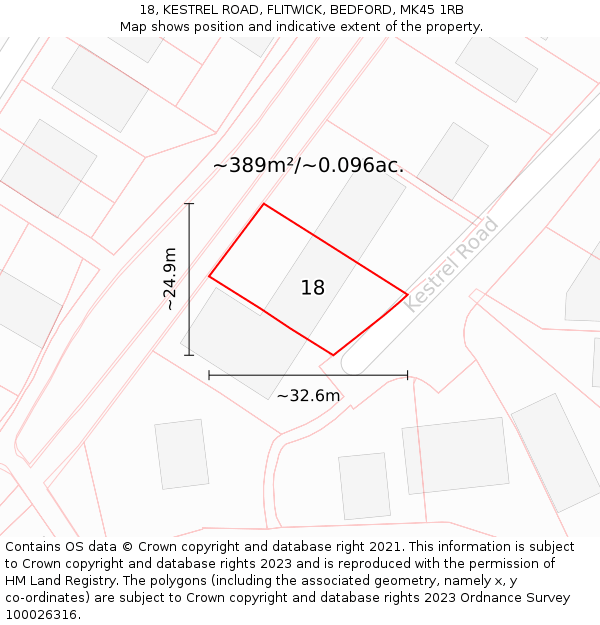 18, KESTREL ROAD, FLITWICK, BEDFORD, MK45 1RB: Plot and title map