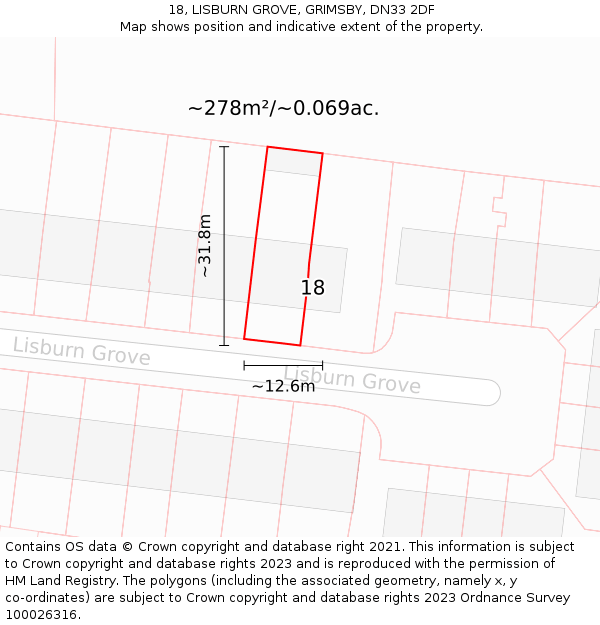 18, LISBURN GROVE, GRIMSBY, DN33 2DF: Plot and title map