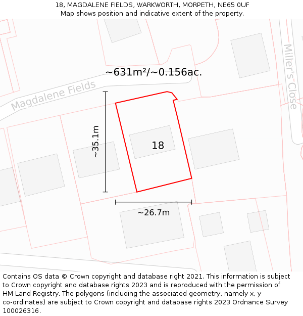 18, MAGDALENE FIELDS, WARKWORTH, MORPETH, NE65 0UF: Plot and title map