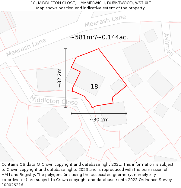 18, MIDDLETON CLOSE, HAMMERWICH, BURNTWOOD, WS7 0LT: Plot and title map