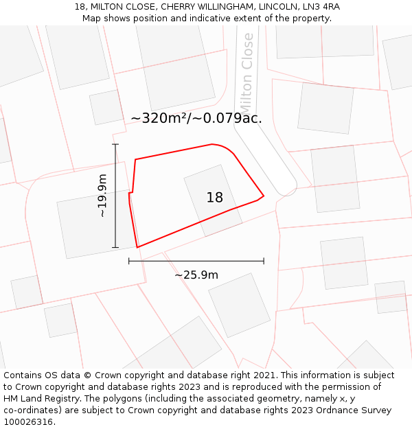 18, MILTON CLOSE, CHERRY WILLINGHAM, LINCOLN, LN3 4RA: Plot and title map