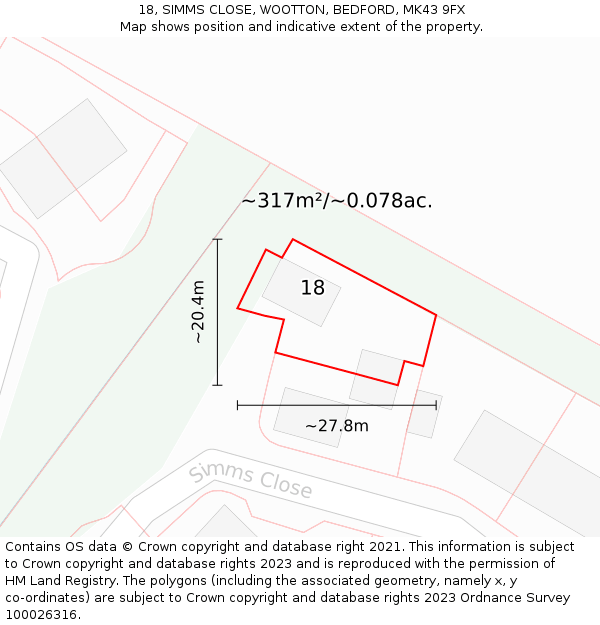 18, SIMMS CLOSE, WOOTTON, BEDFORD, MK43 9FX: Plot and title map