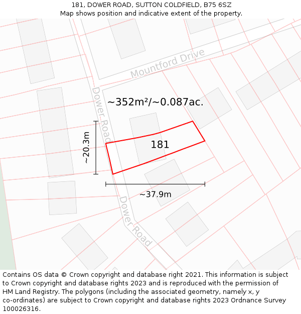 181, DOWER ROAD, SUTTON COLDFIELD, B75 6SZ: Plot and title map