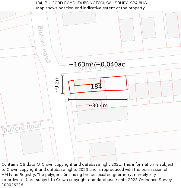 184, BULFORD ROAD, DURRINGTON, SALISBURY, SP4 8HA: Plot and title map