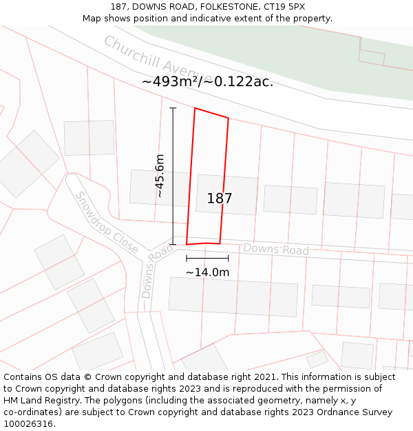 187, DOWNS ROAD, FOLKESTONE, CT19 5PX: Plot and title map