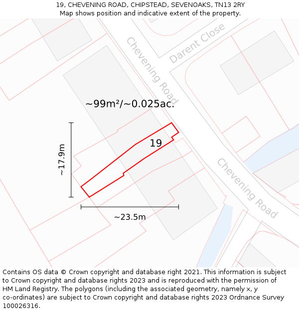 19, CHEVENING ROAD, CHIPSTEAD, SEVENOAKS, TN13 2RY: Plot and title map