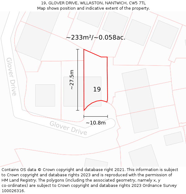 19, GLOVER DRIVE, WILLASTON, NANTWICH, CW5 7TL: Plot and title map