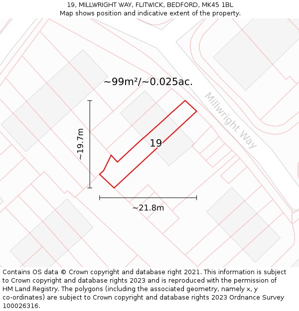 19, MILLWRIGHT WAY, FLITWICK, BEDFORD, MK45 1BL: Plot and title map