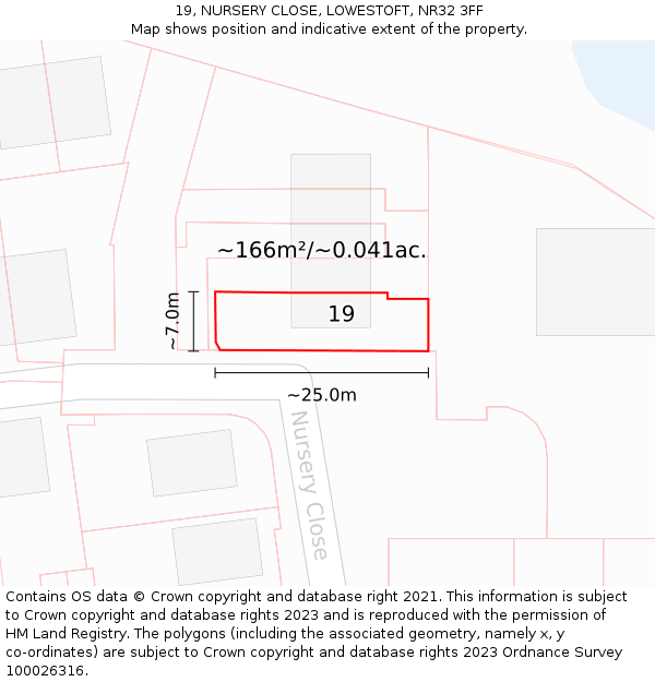 19, NURSERY CLOSE, LOWESTOFT, NR32 3FF: Plot and title map