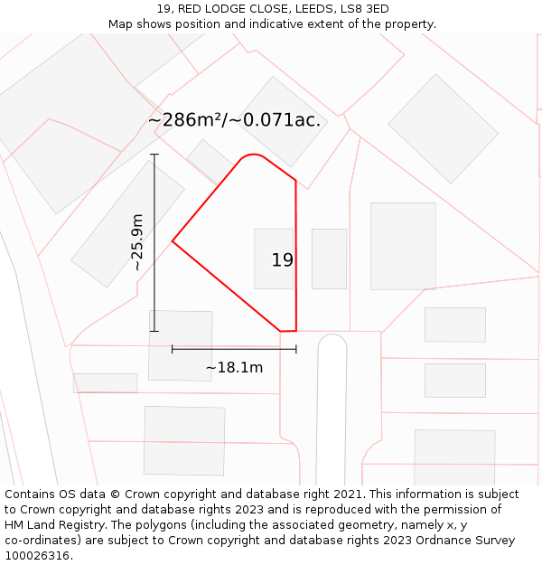 19, RED LODGE CLOSE, LEEDS, LS8 3ED: Plot and title map