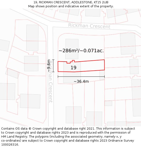 19, RICKMAN CRESCENT, ADDLESTONE, KT15 2UB: Plot and title map