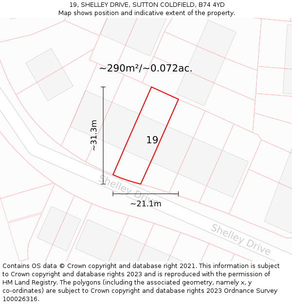 19, SHELLEY DRIVE, SUTTON COLDFIELD, B74 4YD: Plot and title map