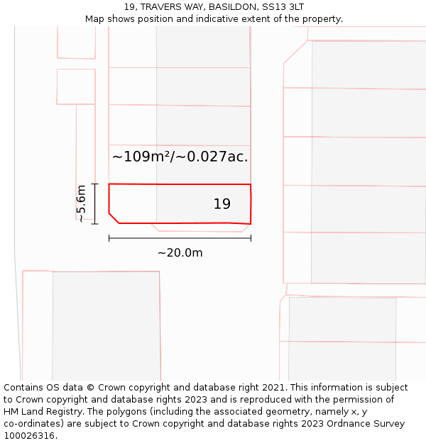 19, TRAVERS WAY, BASILDON, SS13 3LT: Plot and title map